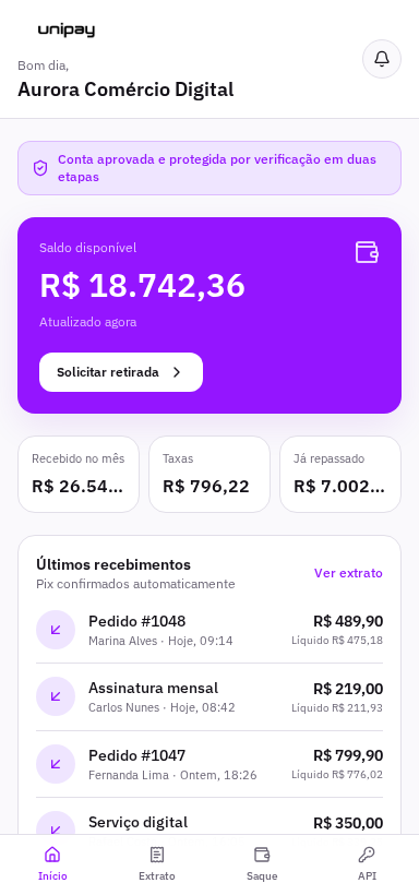 Painel empresarial UNIPAY adaptado para celular